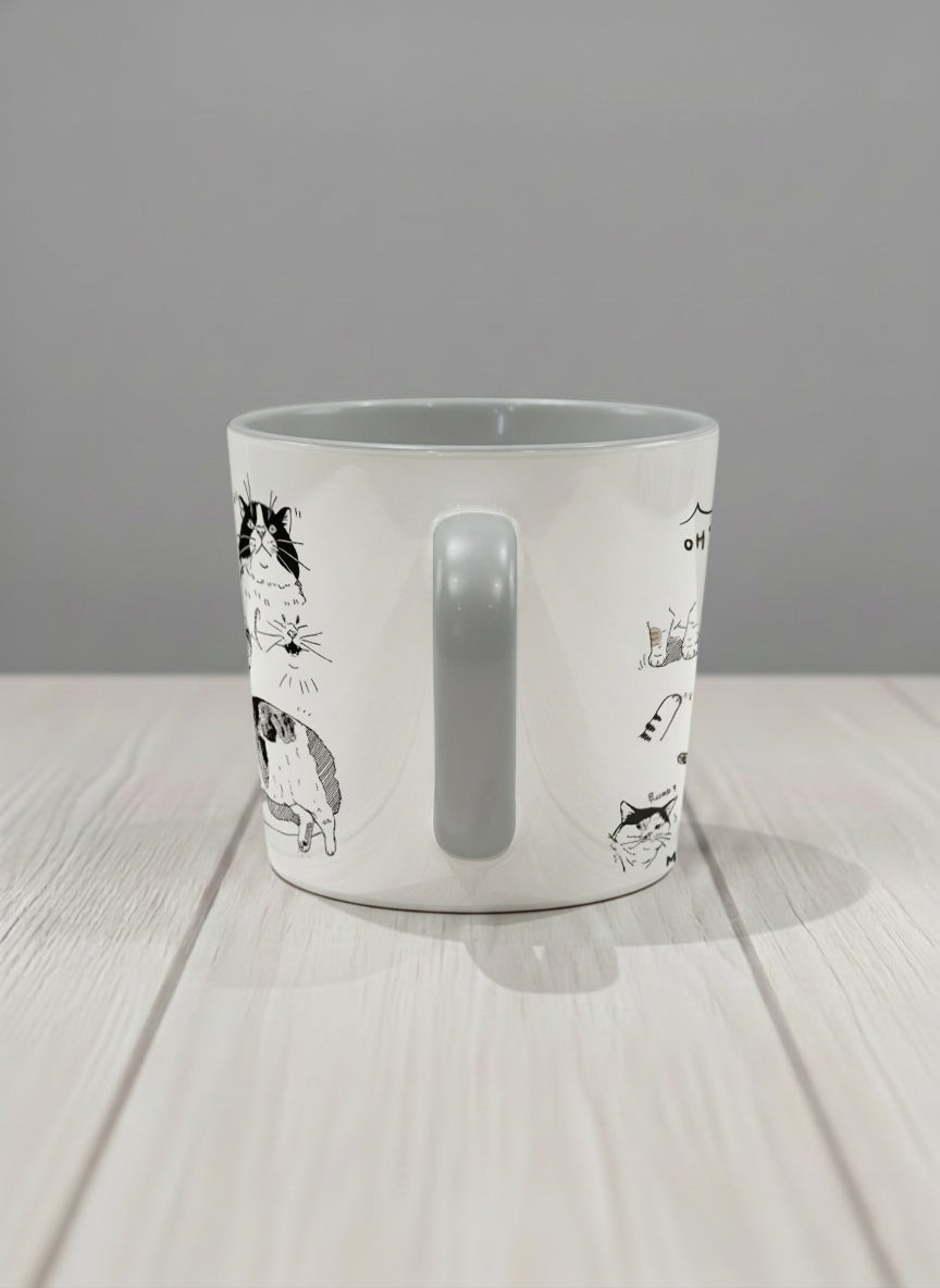 conical mug | Moments of Curiosity side view mug  ink-sketched cats in playful poses with Korean script on white, grey interior, by Hyun Jung Cho