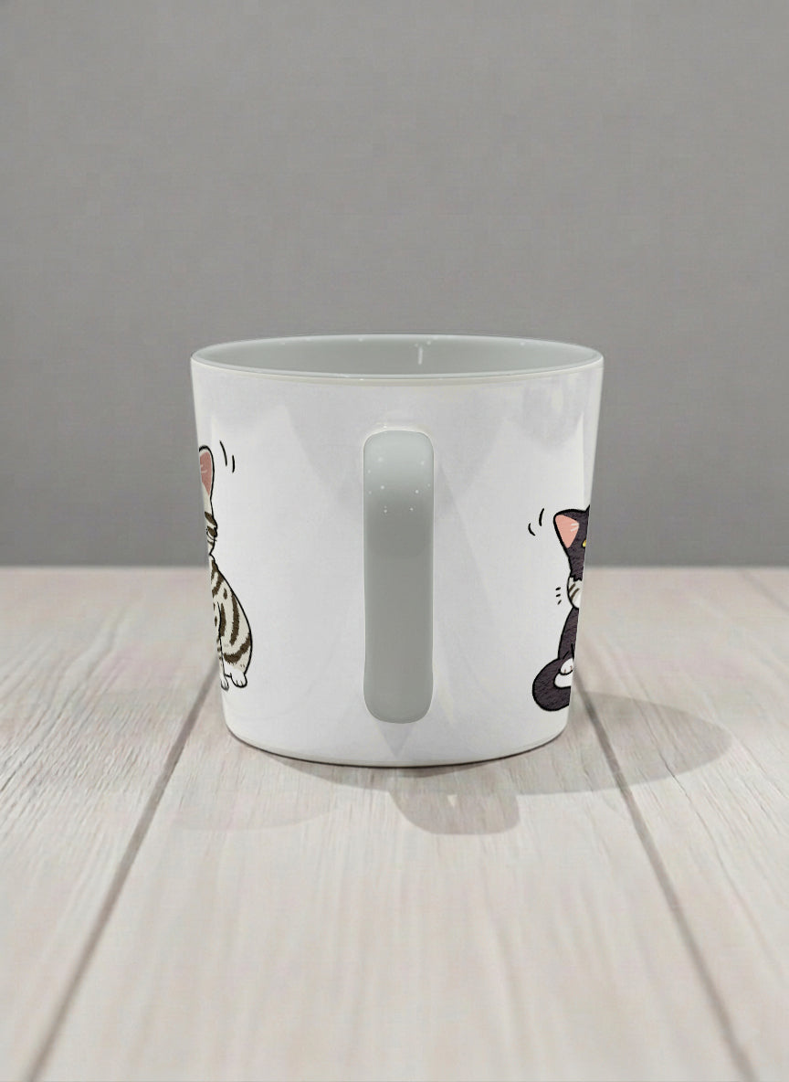 conical Mug | Best Buddies side view mug small tuxedo cat leaning into a chubby tabby with tiny floating hearts, sage interior, by Hyun Jung Cho
