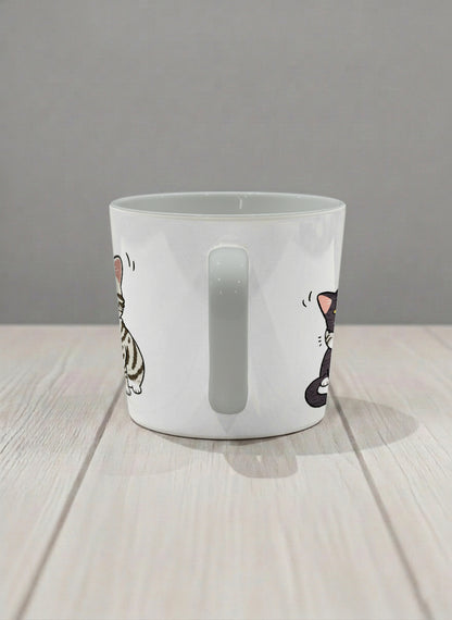 conical Mug | Best Buddies side view mug small tuxedo cat leaning into a chubby tabby with tiny floating hearts, sage interior, by Hyun Jung Cho