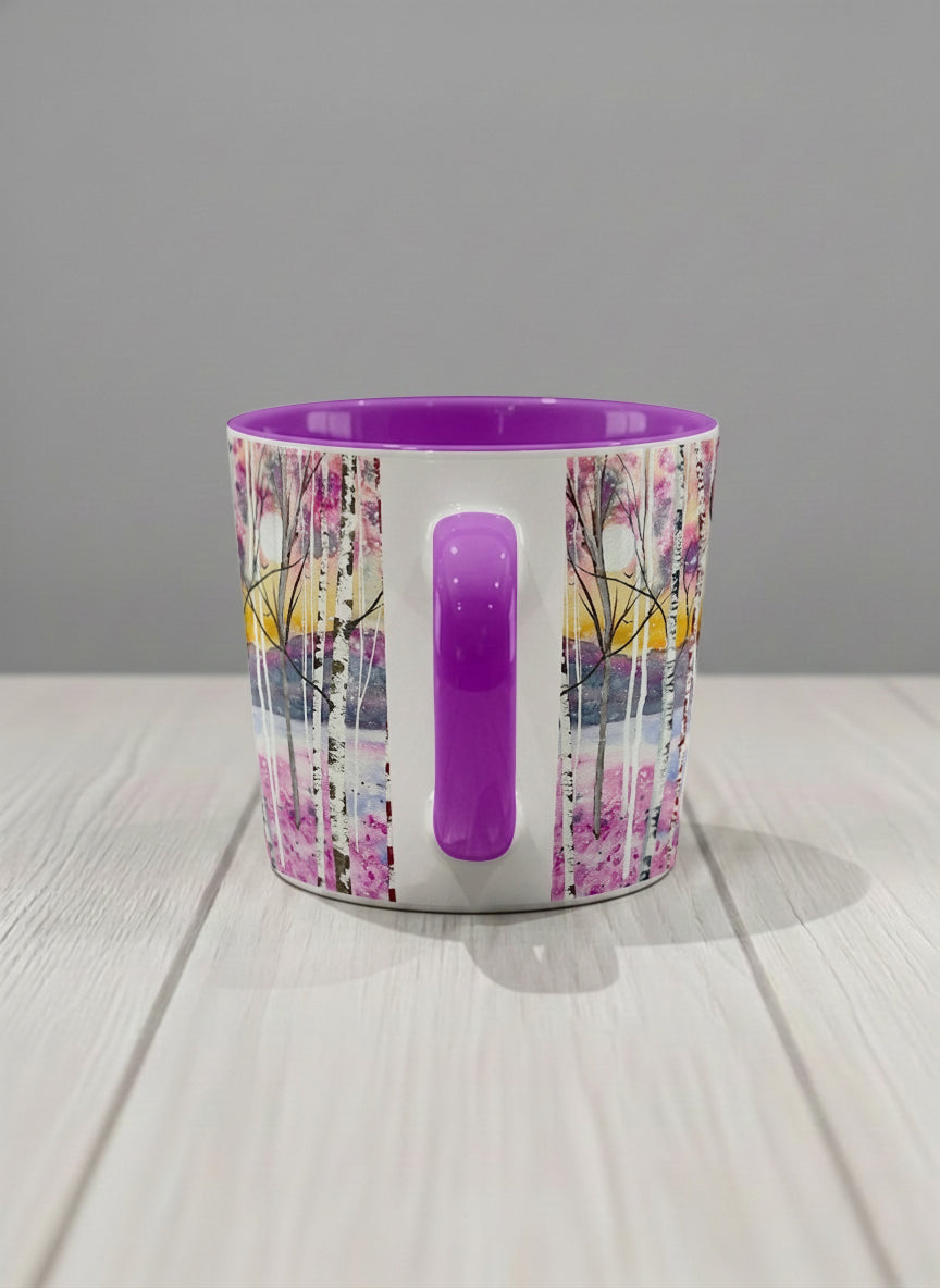 Conical Mug | Living in Colour side view mug shows colorful watercolor birch trees in a dreamy forest landscape by Renee Pupetz - Gallery By Inhesion