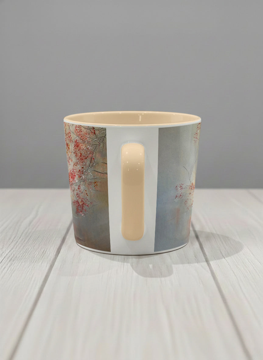 Conical mug | Quiet Waters side view mug, delicate red blossoms and fine branches drifting across a soft celadon mist, warm cream interior and handle, by Karina Mosser - Gallery By Inhesion