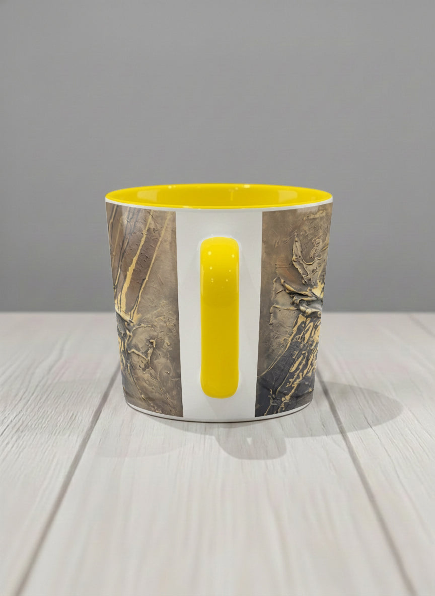 Conical Mug | Unfolding Luminance side view  mug showing abstract marbled pattern in brown, black, and gold tones by Mersedes Mein - Gallery By Inhesion