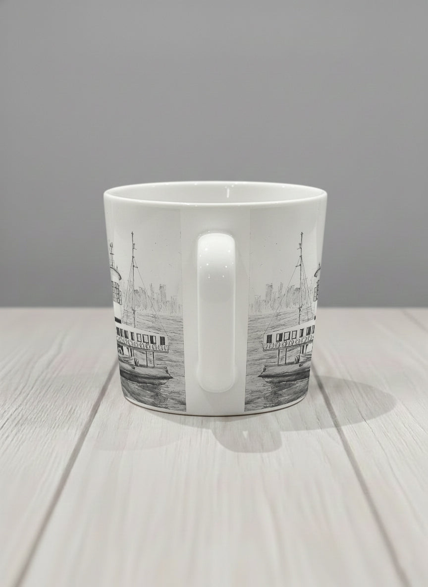 Conical Mug | The Star of the Harbor side view mug showing a sketch of Star Ferry Pier in Hong Kong by Samuel Kwok - Gallery By Inhesion