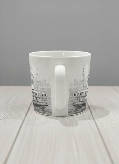 Conical Mug | The Star of the Harbor side view mug showing a sketch of Star Ferry Pier in Hong Kong by Samuel Kwok - Gallery By Inhesion