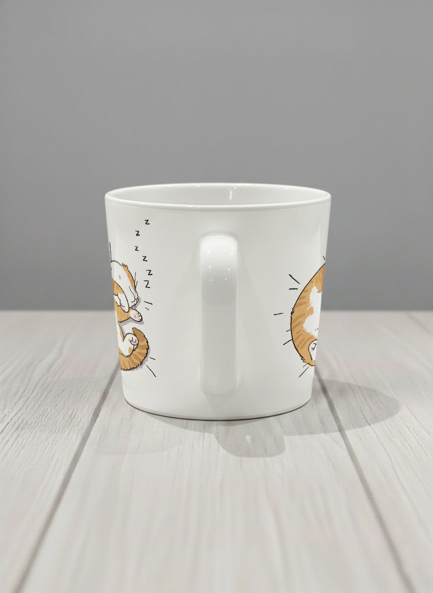 conical Mug | Sweet Dreams side view mug, a ginger tabby cat curled into a perfect circle fast asleep with tiny zzz's floating above, clean white interior and handle, by Hyun Jung Cho - Gallery By Inhesion