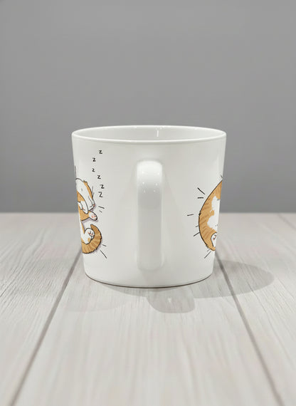 conical Mug | Sweet Dreams side view mug, a ginger tabby cat curled into a perfect circle fast asleep with tiny zzz's floating above, clean white interior and handle, by Hyun Jung Cho - Gallery By Inhesion