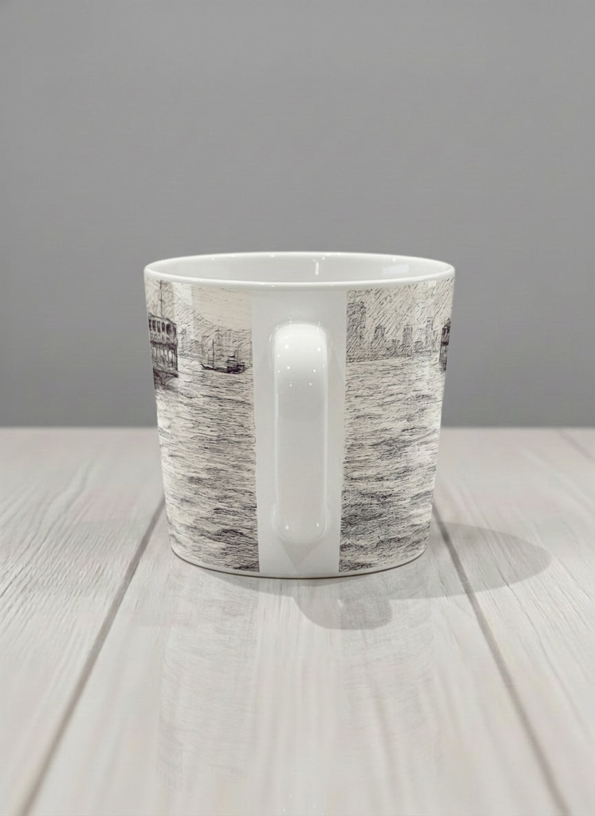 Conical Mug | Shimmering Passage side view mug showing a pen drawing Star Ferry in Hong Kong by Samuel Kwok - Gallery By Inhesion