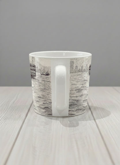 Conical Mug | Shimmering Passage side view mug showing a pen drawing Star Ferry in Hong Kong by Samuel Kwok - Gallery By Inhesion