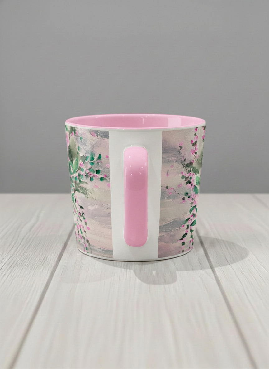 Conical Mug | Pink Roses in a Jar side view mug showing painted pink roses and greenery on a light background design by Renee Pupetz - Gallery By Inhesion