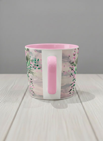 Conical Mug | Pink Roses in a Jar side view mug showing painted pink roses and greenery on a light background design by Renee Pupetz - Gallery By Inhesion