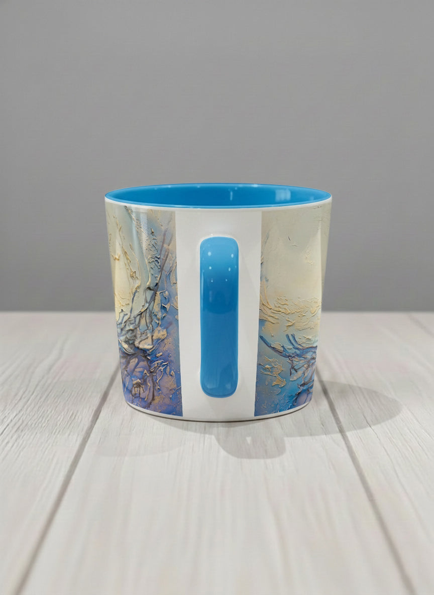 Conical Mug | Touches of depth side view mug showing abstract pattern in blue, white, and gold by Mersedes Mein - Gallery By Inhesion