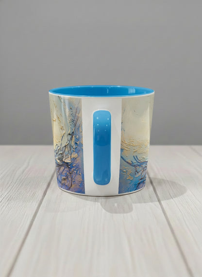 Conical Mug | Touches of depth side view mug showing abstract pattern in blue, white, and gold by Mersedes Mein - Gallery By Inhesion