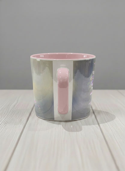 Conical mug | Ethereal Blossoms side view mug, soft pink clematis flowers glowing against a deep moody sage green mist, blush pink interior and handle, by Karina Mosser - Gallery By Inhesion