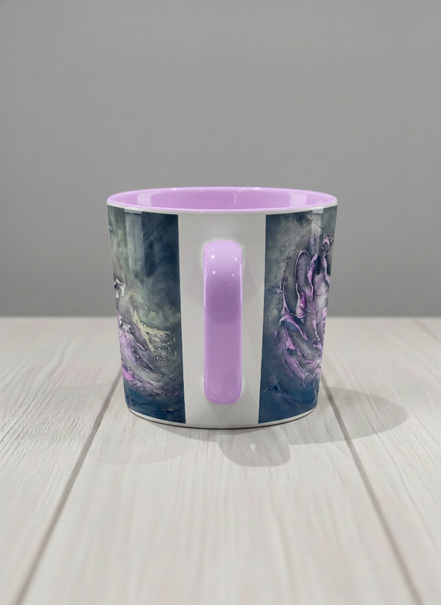 Conical Mug | Modern purple tea side view  mug with elegant abstract floral-inspired marbling, pastel handle, and contemporary design for home or office use.