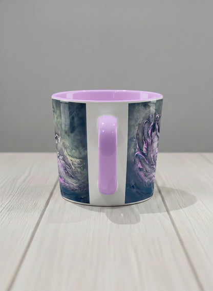 Conical Mug | Modern purple tea side view  mug with elegant abstract floral-inspired marbling, pastel handle, and contemporary design for home or office use.