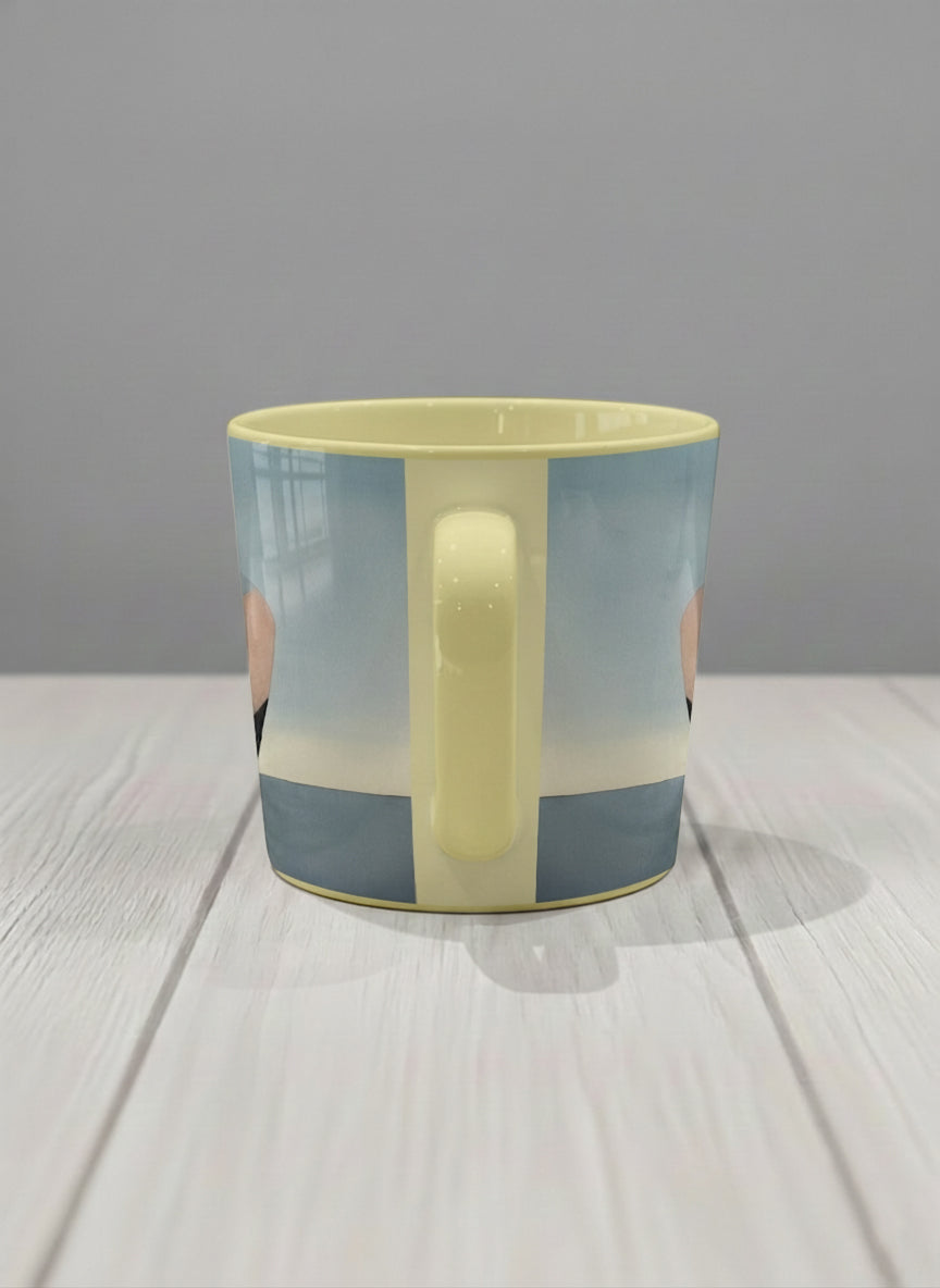 Conical mug | A Mountain to Climb side view mug woman gazing over jagged peaks and a golden sun on teal horizon, butter yellow interior, by KikaG - Gallery By Inhesion
