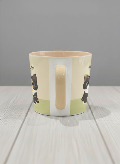 Conical mug | Our Precious Pair side view mug, two adorable tuxedo cats side by side with Korean name tags and tiny red hearts, soft cream interior and handle, by Hyun Jung Cho - Gallery By Inhesion