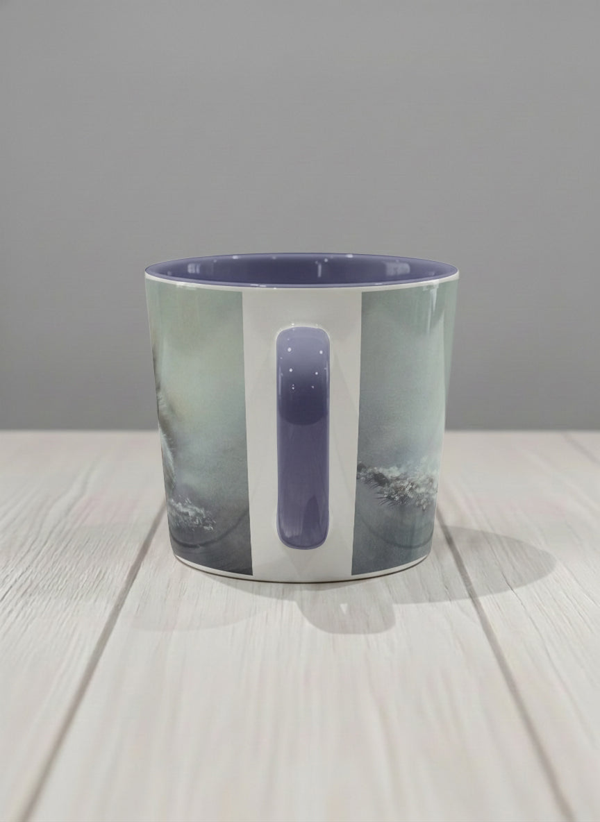 Conical mug | Caught in Frost side view mug, wide-eyed squirrel emerging from a misty winter ground, slate blue interior and handle, by Karina Mosser - Gallery By Inhesion