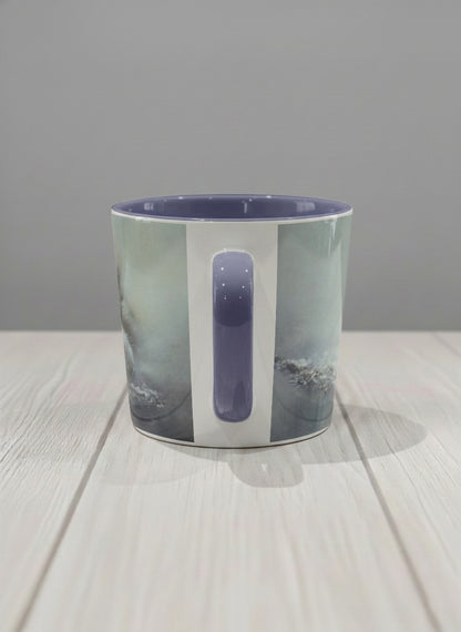 Conical mug | Caught in Frost side view mug, wide-eyed squirrel emerging from a misty winter ground, slate blue interior and handle, by Karina Mosser - Gallery By Inhesion