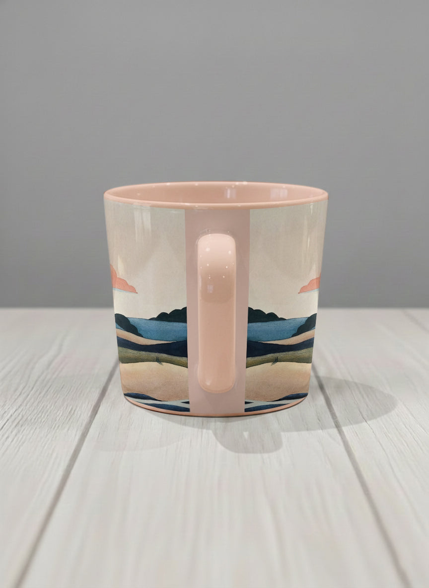 Conical mug | Sunset at the River side view mug rolling hills and dark treetops beneath a soft peach sky with blush and teal clouds and a glowing setting sun, warm peach interior and handle, by KikaG - Gallery By Inhesion
