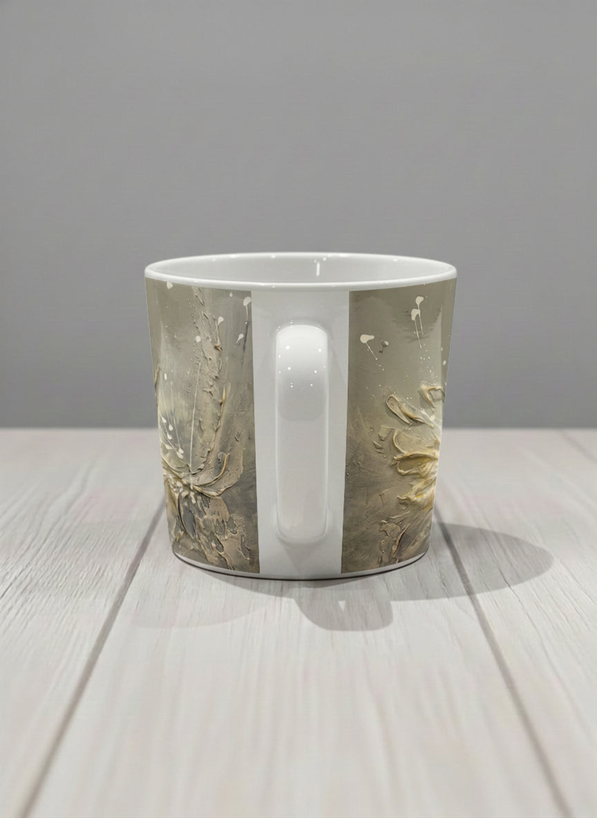 Conical Mug | Awakening side view mug showing textured floral design in muted grey-gold tones by Mersedes Mein - Gallery By Inhesion