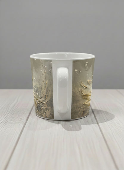 Conical Mug | Awakening side view mug showing textured floral design in muted grey-gold tones by Mersedes Mein - Gallery By Inhesion