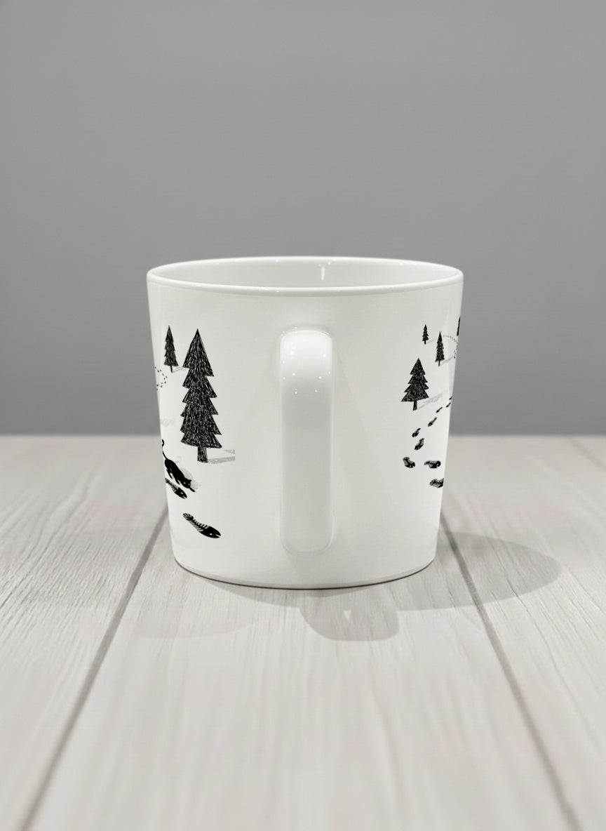 Conical Mug | The Curious Cat side view mug shows a sketch of a cat following fish-shaped footprints by Tang Yau Hoong - Gallery By Inhesion