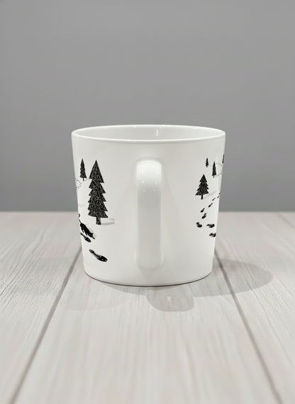 Conical Mug | The Curious Cat side view mug shows a sketch of a cat following fish-shaped footprints by Tang Yau Hoong - Gallery By Inhesion