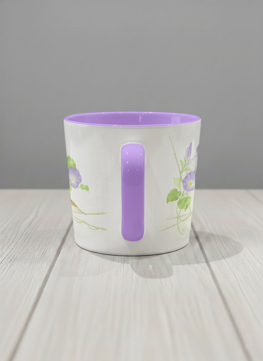 Conical Mug | Morning Glory side view mug with watercolor bird and purple flowers artwork by Alice Wong - Gallery By Inhesion