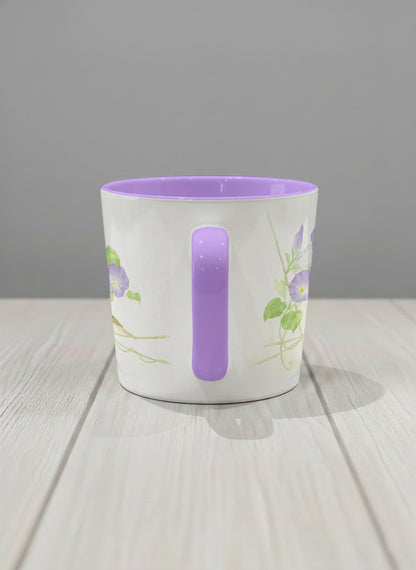 Conical Mug | Morning Glory side view mug with watercolor bird and purple flowers artwork by Alice Wong - Gallery By Inhesion