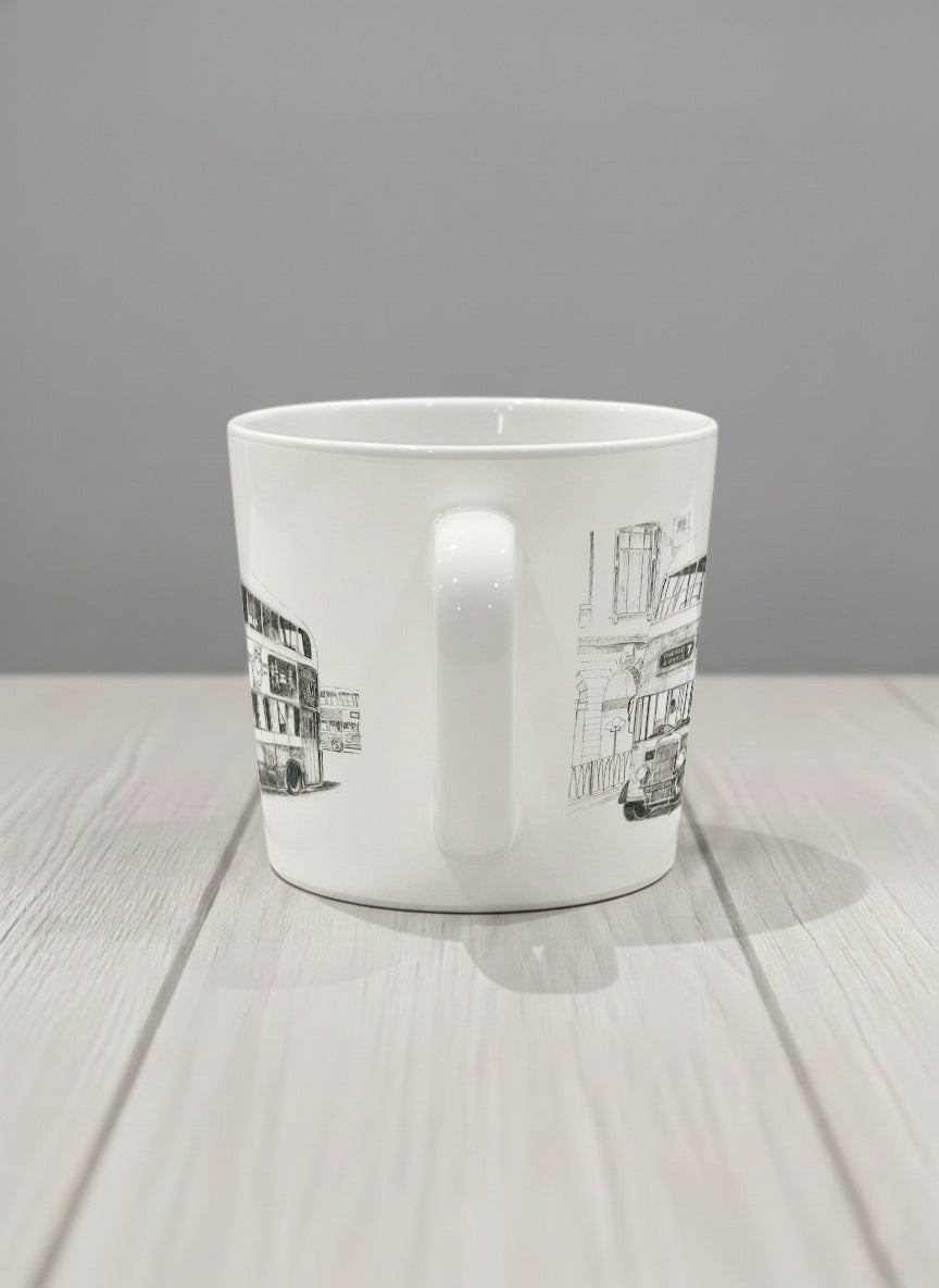 Conical Mug | Lines of the Past  side view mug showing a pen drawing bus in Hong Kong by Samuel Kwok - Gallery By Inhesion