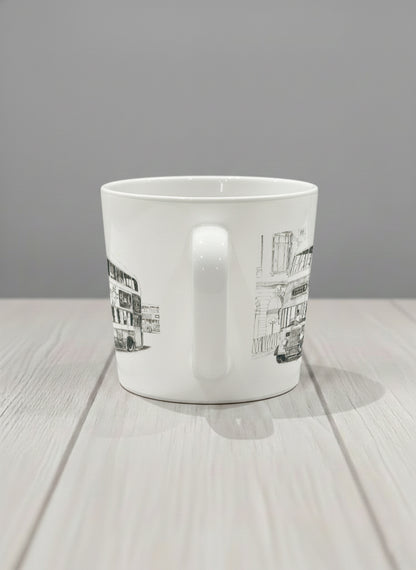 Conical Mug | Lines of the Past  side view mug showing a pen drawing bus in Hong Kong by Samuel Kwok - Gallery By Inhesion