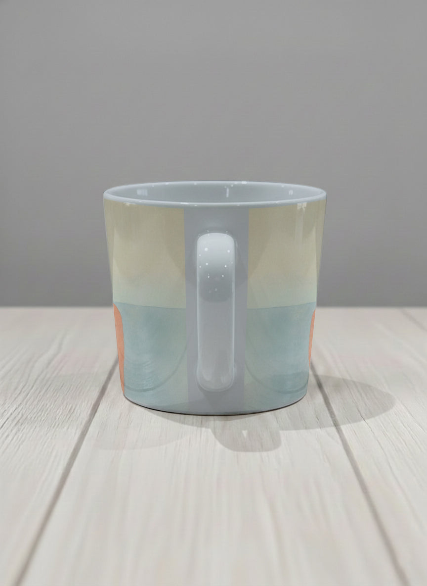 Conical mug | Memory on the Bridge side view mug a solitary figure gazing over a sunlit Venetian canal lined with terracotta buildings, soft powder blue interior and handle, by KikaG - Gallery By Inhesion