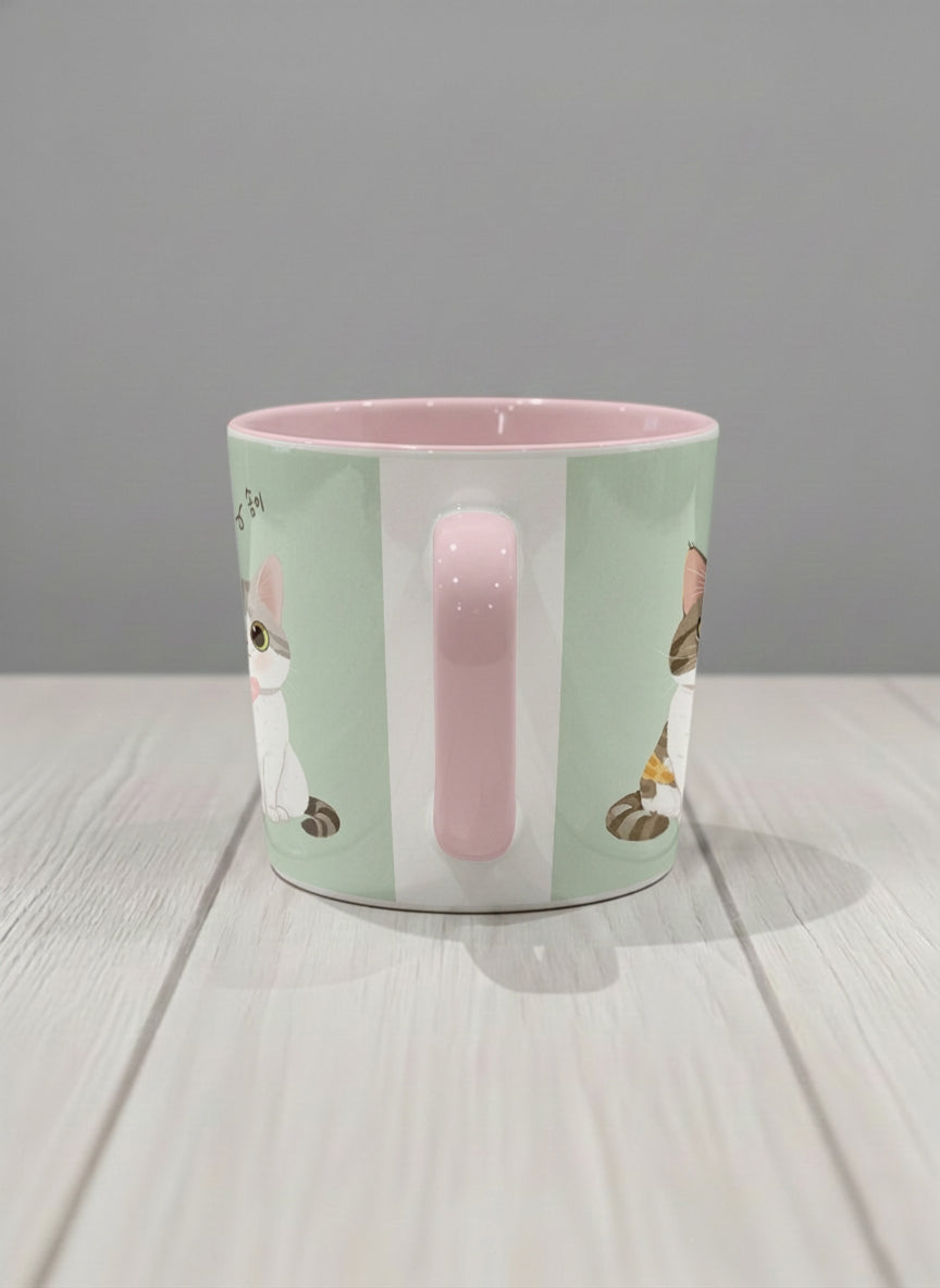 Conical Mug | The Perfect Pair side view mug two cats with Korean name tags and bow ties on mint green, blush pink interior, by Hyun Jung Cho