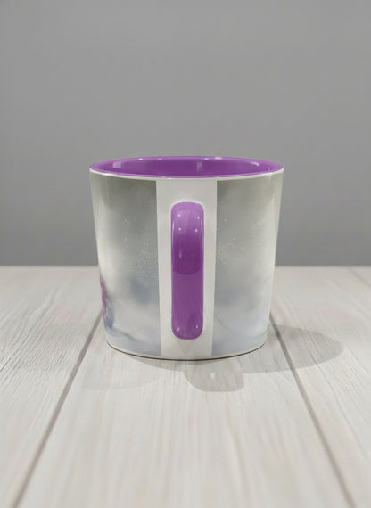 Conical mug | Waiting for Spring side view mug, a tiny kitten in a burgundy scarf sitting in a soft misty meadow, dusty rose interior and handle, by Karina Mosser - Gallery By Inhesion