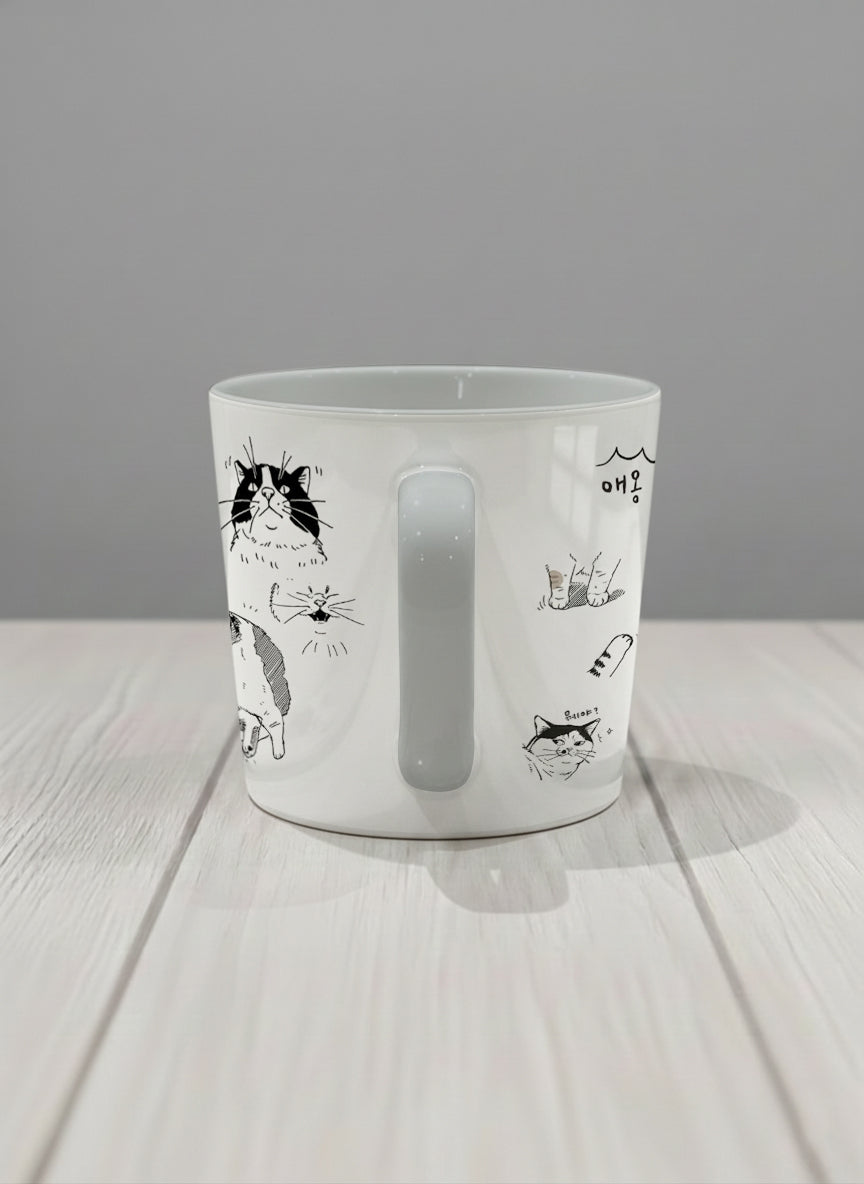 Conical mug | Moments of Curiosity side view mug  ink-sketched cats in playful poses with Korean script on white, grey interior, by Hyun Jung Cho