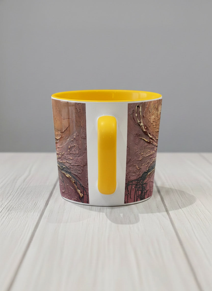 Conical Mug | Fiery Arabesque side view mug showing abstract marbled pattern in earthy brown, red, and gold tones by Mersedes Mein - Gallery By Inhesion