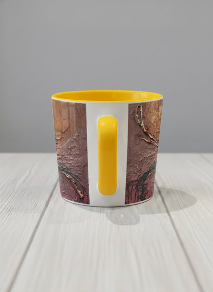 Conical Mug | Fiery Arabesque side view mug showing abstract marbled pattern in earthy brown, red, and gold tones by Mersedes Mein - Gallery By Inhesion