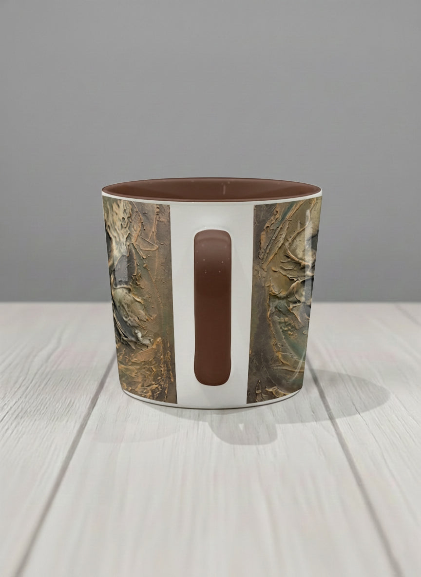 conical Mug | Memories of The Soul side view mug featuring abstract earth tones and natural patterns by Mersedes Mein - Gallery By Inhesion