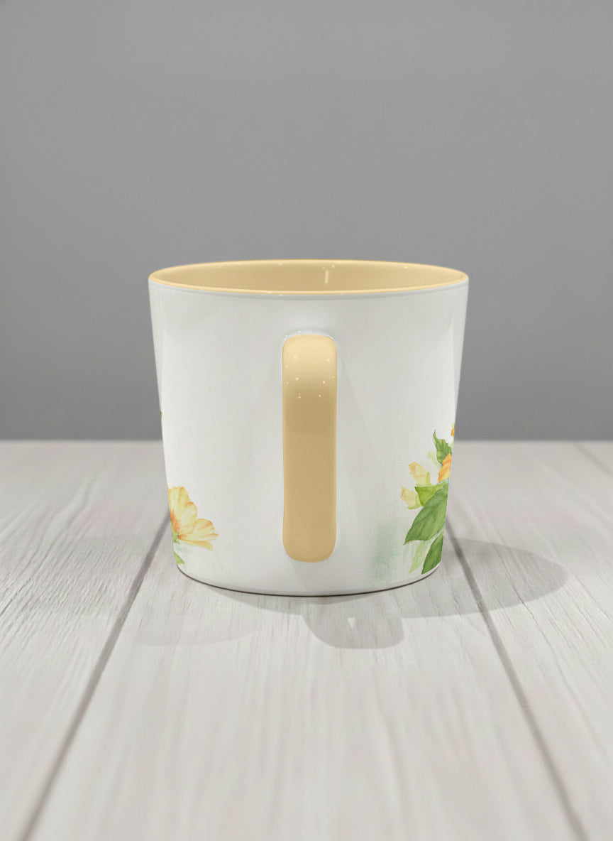 Conical Mug | Butterfly Lovers side view mug with watercolor butterflies and vibrant yellow/orange flowers by Alice Wong - Gallery By Inhesion