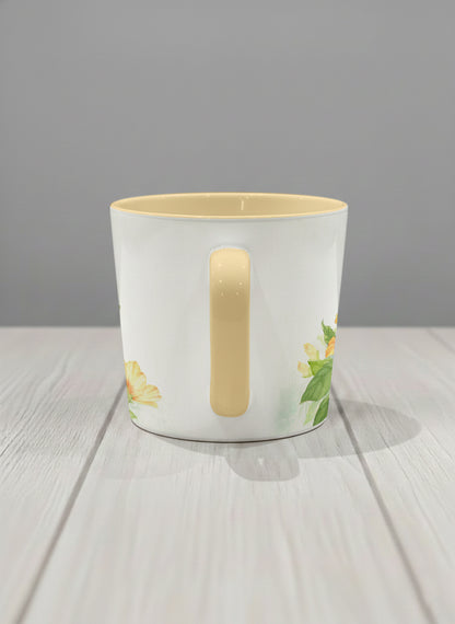 Conical Mug | Butterfly Lovers side view mug with watercolor butterflies and vibrant yellow/orange flowers by Alice Wong - Gallery By Inhesion