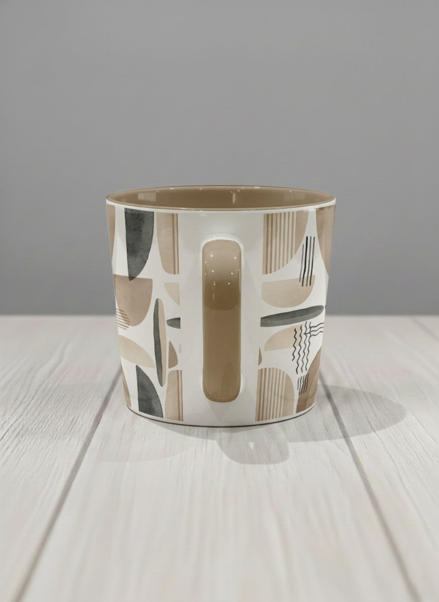 Conical Mug | Organic Shades side view mug, earthy beige and charcoal abstract shapes, cream interior, olive handle, by Alan CL Lee - Gallery By Inhesion