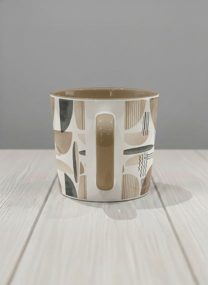 Conical Mug | Organic Shades side view mug, earthy beige and charcoal abstract shapes, cream interior, olive handle, by Alan CL Lee - Gallery By Inhesion