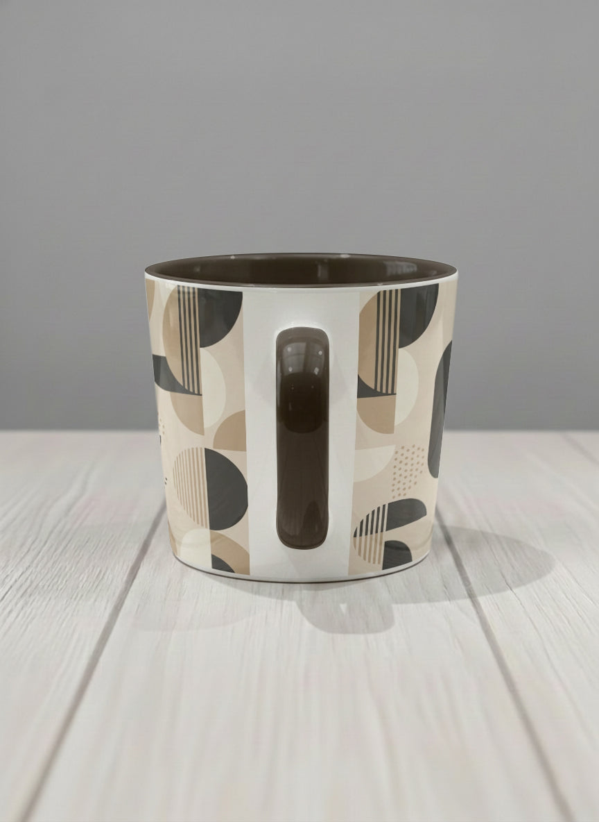 Conical Mug | Parallel Dune Echo side view mug, beige and charcoal geometric shapes with dots and stripes, dark interior and handle, by Alan CL Lee - Gallery By Inhesion