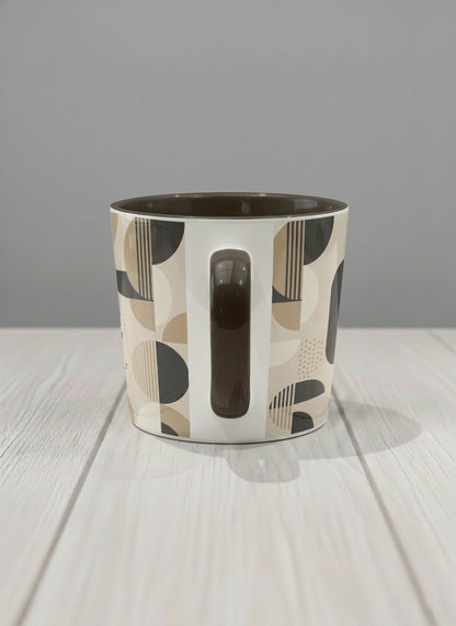 Conical Mug | Parallel Dune Echo side view mug, beige and charcoal geometric shapes with dots and stripes, dark interior and handle, by Alan CL Lee - Gallery By Inhesion