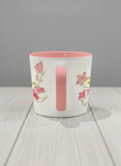 Conical Mug | Forever Love side view mug with watercolor birds on branch with pink flowers by Alice Wong - Gallery By Inhesion
