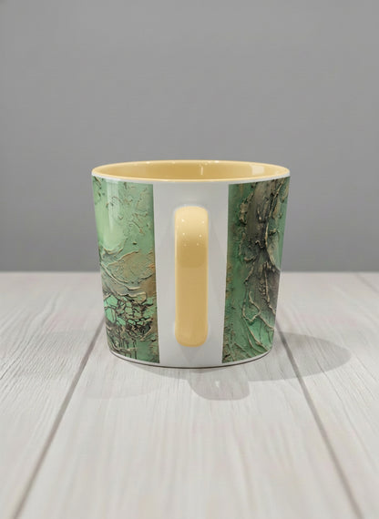 Conical Mug | Emerald Magic side view mug showing abstract marbled pattern in green, gold, and earthy tones by Mersedes Mein - Gallery By Inhesion
