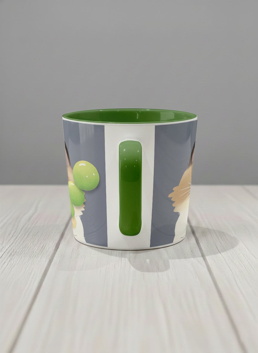 Conical Mug | My Shiny Treat side view mug grumpy fluffy cat clutching green grapes, tiny red mushroom hat, slate blue background, green interior, by Hyun Jung Cho
