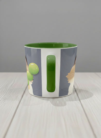 Conical Mug | My Shiny Treat side view mug grumpy fluffy cat clutching green grapes, tiny red mushroom hat, slate blue background, green interior, by Hyun Jung Cho