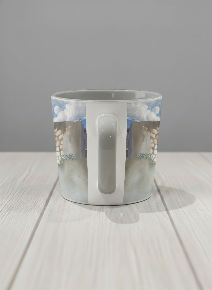 Conical Mug | The Timeless Facade side view mug ancient stone walls rising under a bright blue sky with soft drifting clouds, clean pearl white interior and handle,  by Samuel Kwok Gallery By Inhesion
